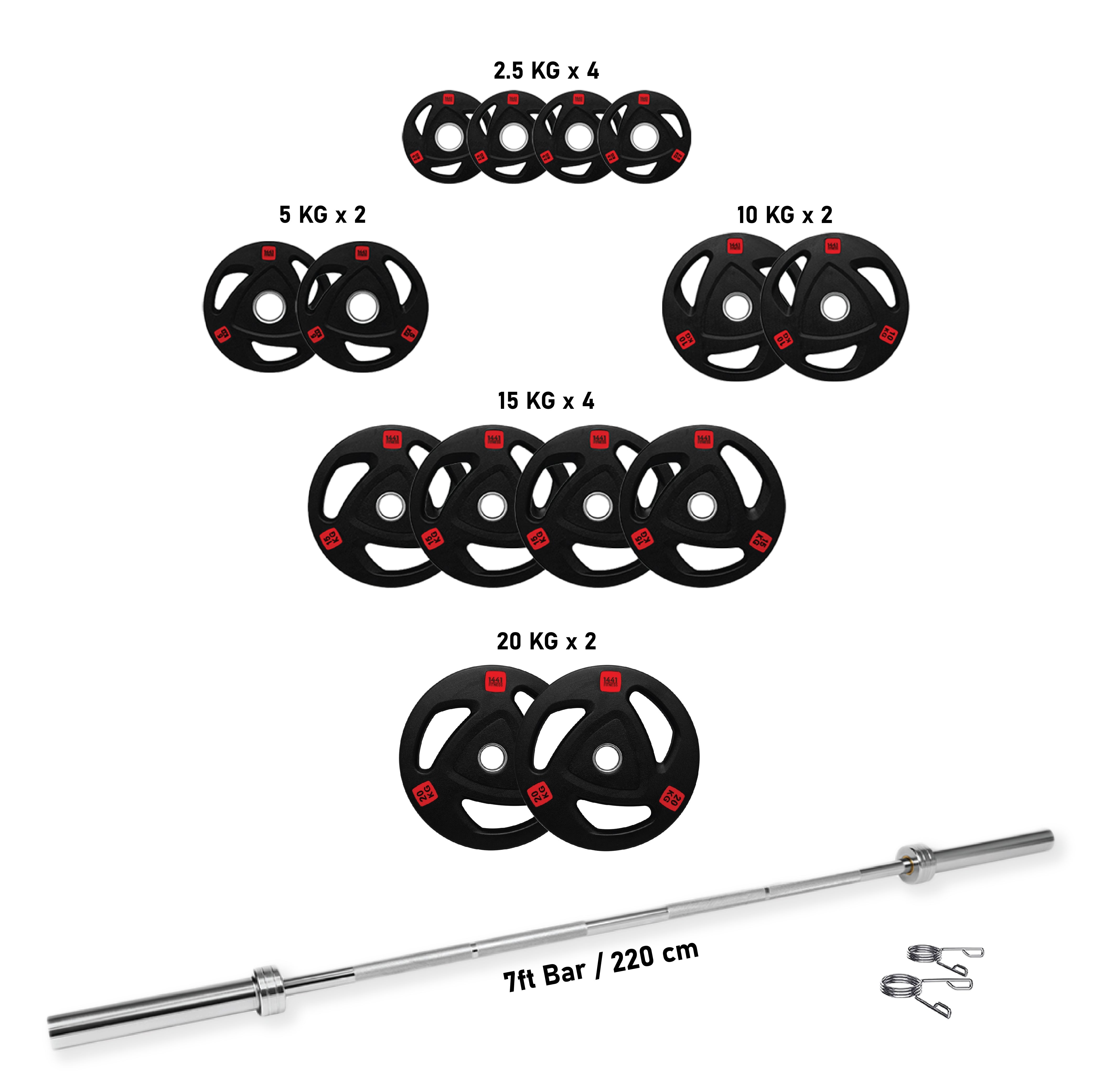 7 Ft Olympic Bar with Tri Grip Black Olympic Plates Set 160 kg