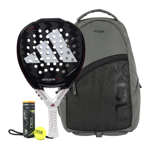 Adidas Metalbone HRD 3.3 2024 Padel Racket + Nox Street Backpack Padel Bag Grey + NOX PRO Titanium 3 Padel Balls Can