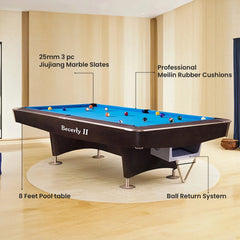 Beverly II Pool Billiard Table 4th Gen 8 Feet Marble Top With Ball Return System Brown