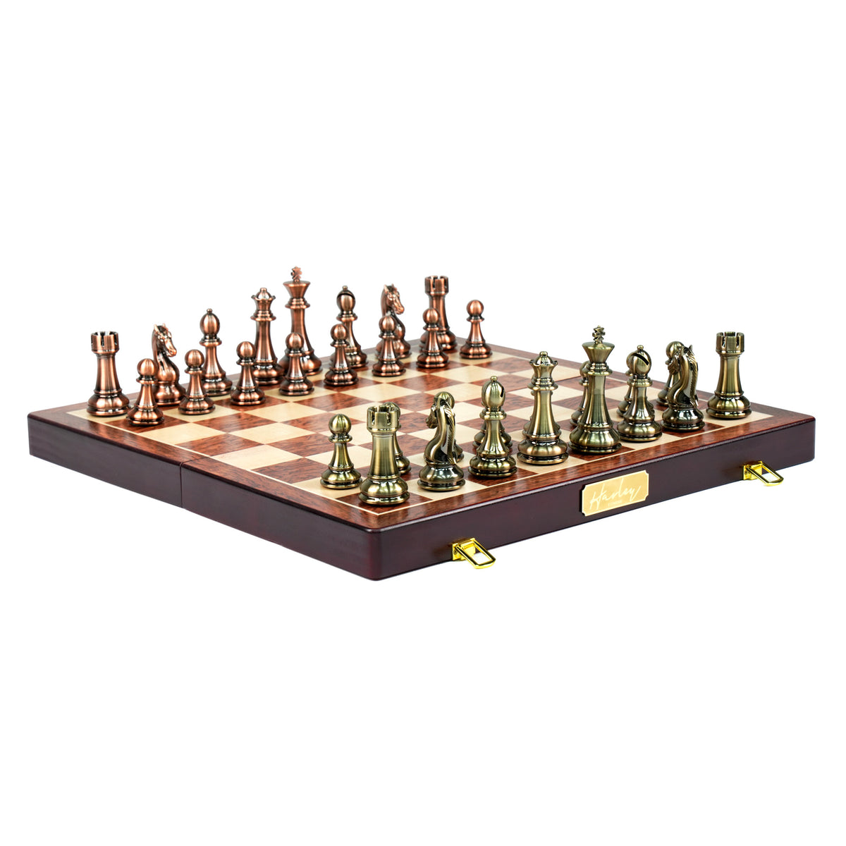 Harley Fitness 52cm x 52cm Wooden Chess Board with Metal Brass and Bronze Pieces Set - S5026M