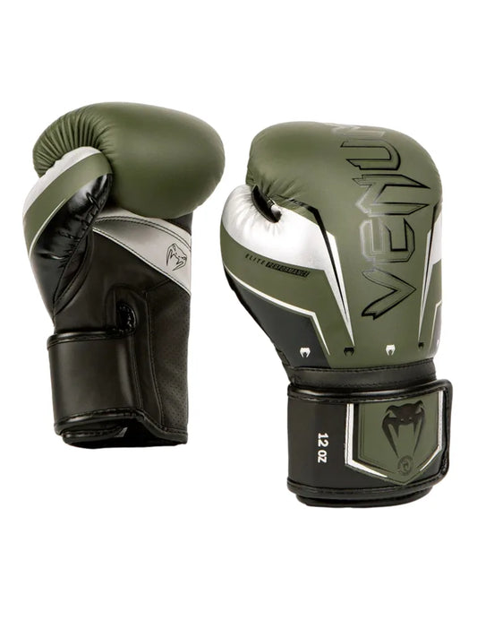 Venum Elite Evo Boxing Gloves Khaki Silver